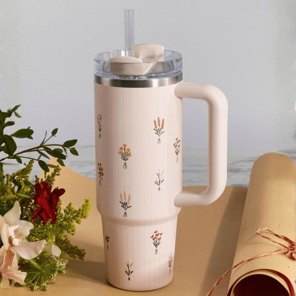 Rose Quartz Floral 40oz Stainless Steel Tumbler Handle Straw
