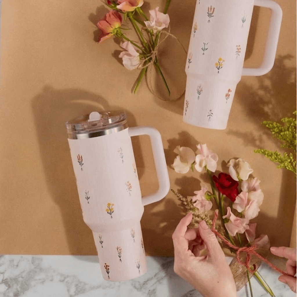 Rose Quartz Floral 40oz Stainless Steel Tumbler Handle Straw