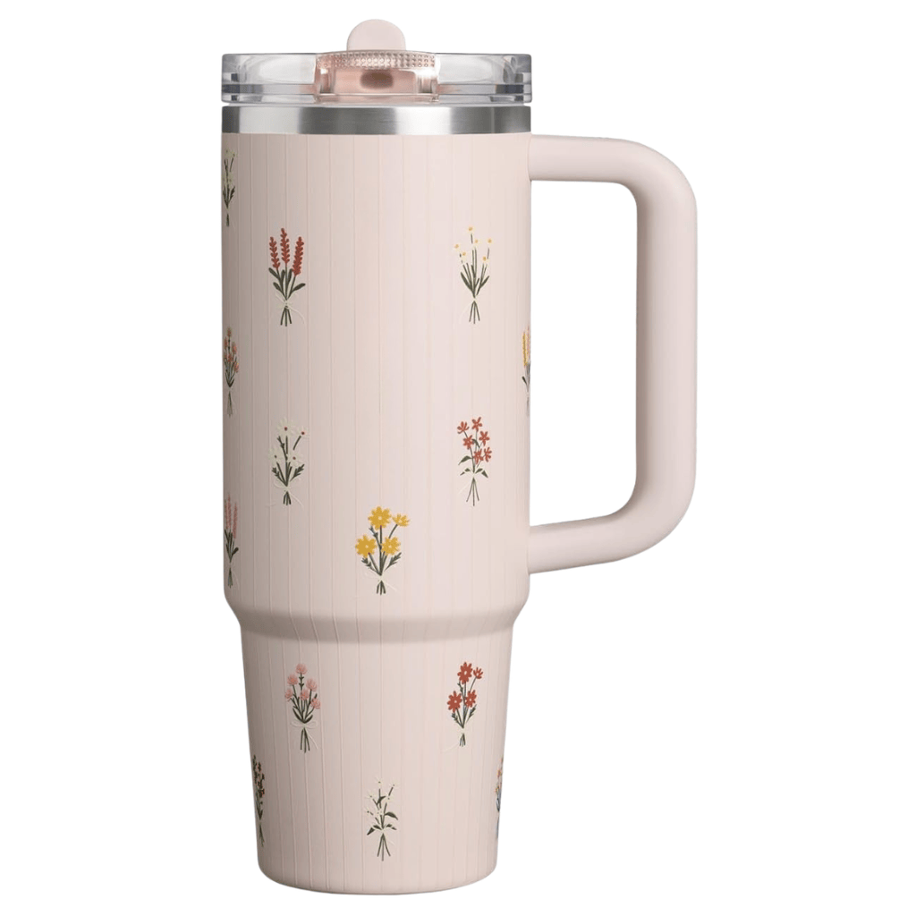 Rose Quartz Floral 40oz Stainless Steel Tumbler Handle Straw