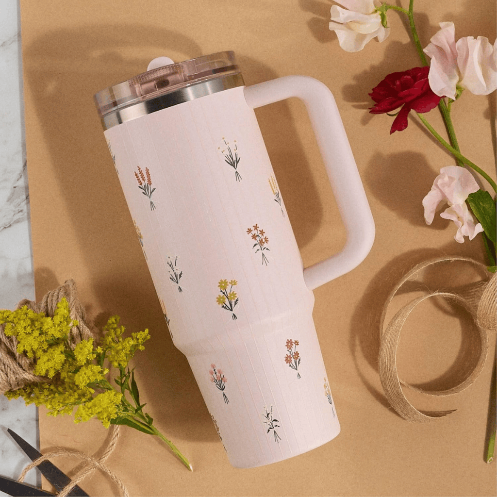 Rose Quartz Floral 40oz Stainless Steel Tumbler Handle Straw